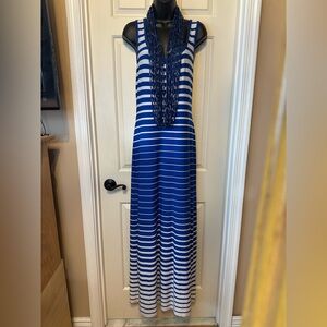 D26 Royal Blue and White Striped Maxi Dress shows off your shape.
